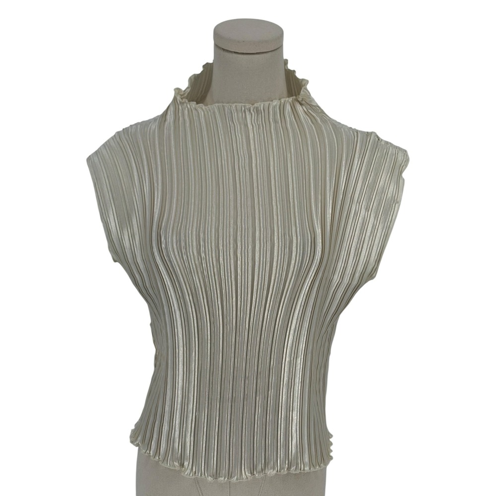 E.R. Designs Vintage Pleated Mock Neck Top Champagne Cream Sleeveless XL